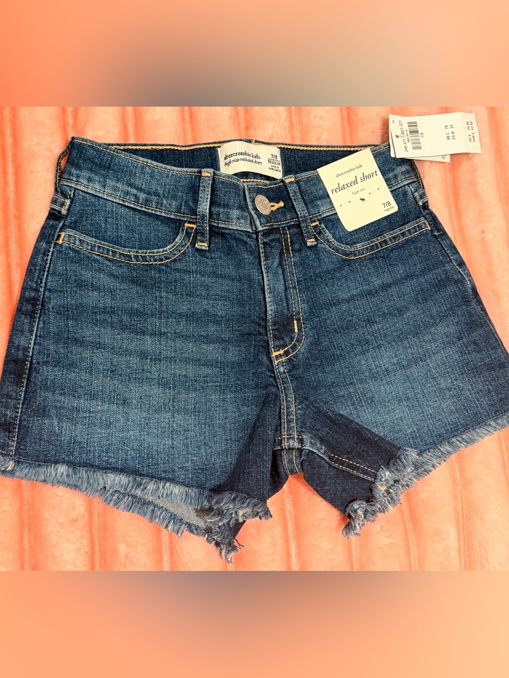 abercrombie kids dark blue frayed denim shorts